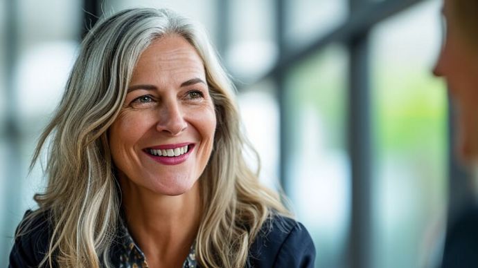 Mittelalte Frau lächelt im Gespräch