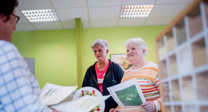 Therapeutin erklärt Patientinnen, wie gesunde Nahrungsmittel aussehen